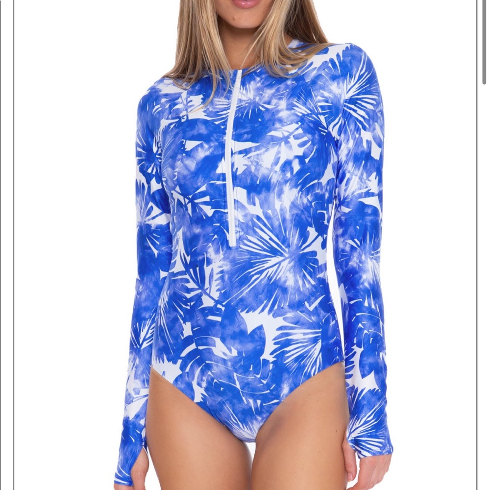 Trina Turk Basque Long Sleeve Half Zip 1 Pc Swim Suit Paddlesuit Bathing NEW
